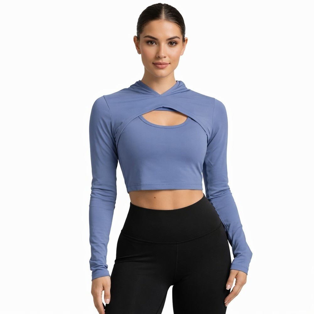 Offline by Aerie Womens Blue Long Sleeve Cropped Shirt Size XS Ribbed Hooded